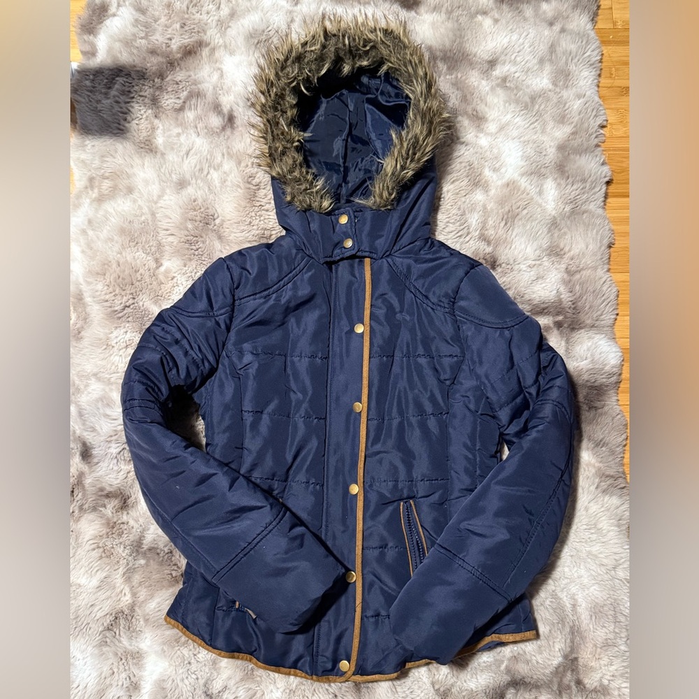 Navy Hooded Jacket with Faux Fur Trim